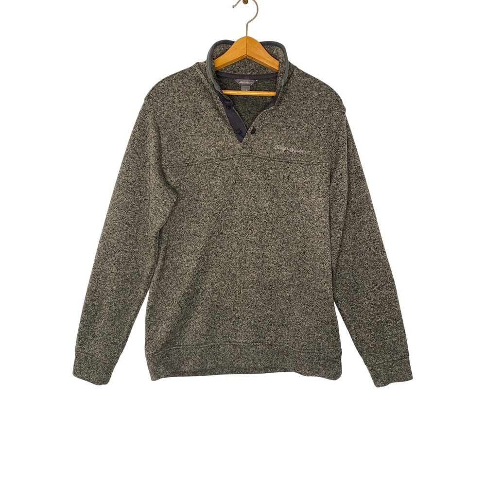Eddie Bauer Mens Sweater Fleece Pullover Gray Mock Neck Snap Sweatshirt Medium
